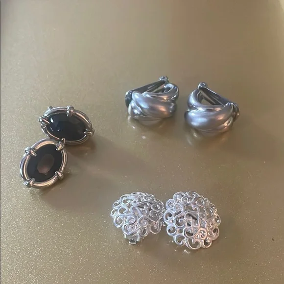 Vintage Silver Tone Clip On Earrings, Set of Three Pairs - Picture 1 of 6